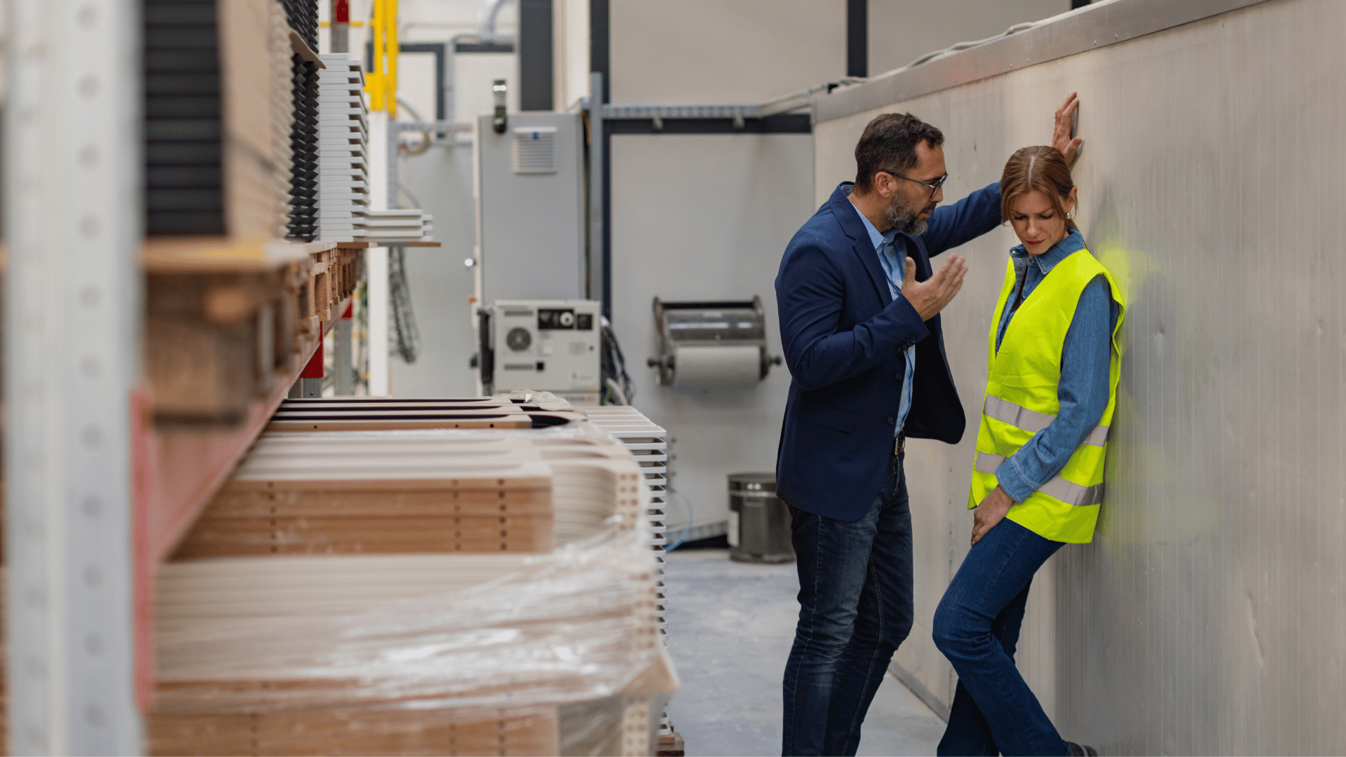 a woman getting yelled at by a man in a factory backed into a wall